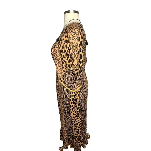 Anthropologie L Animal Print Kaftan Maxi Dress Flowy Coverup Elastic Waist Brown - Picture 5 of 9